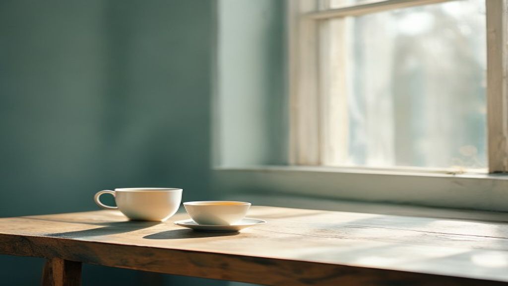 Minimalist morning scene with a cup of herbal tea on a wooden table near a bright window
